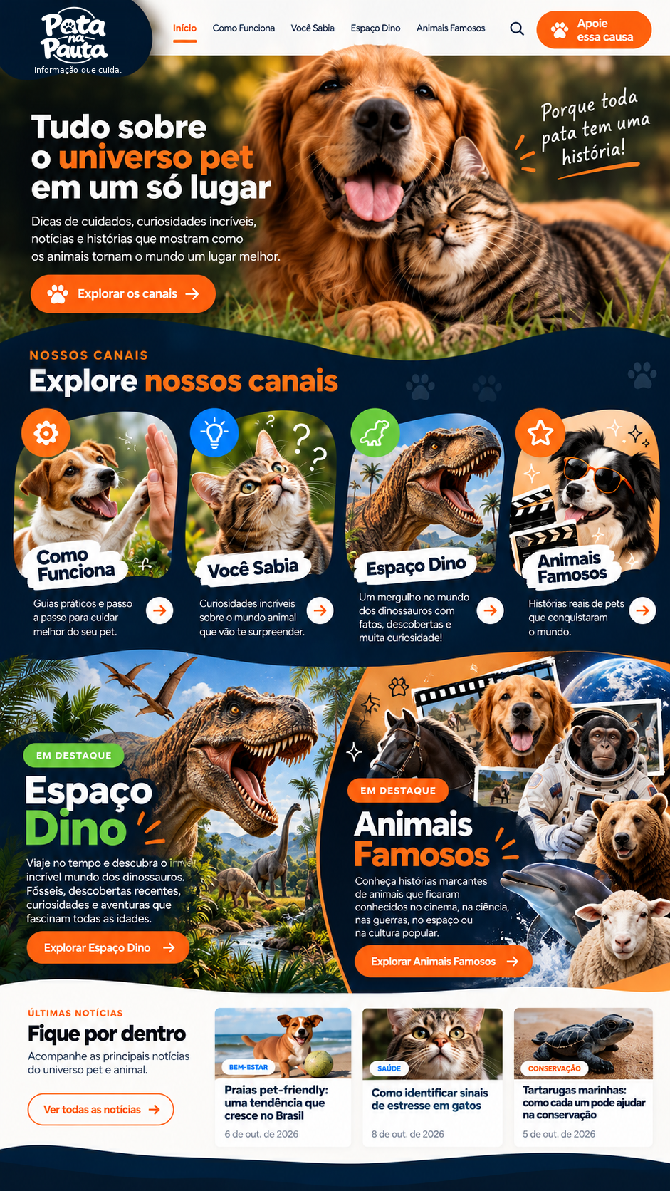 Pata na Pauta. Tudo sobre o universo pet em um só lugar. Canais: Como Funciona, Você Sabia, Espaço Dino e Animais Famosos. Espaço Dino à esquerda e Animais Famosos à direita. Notícias.